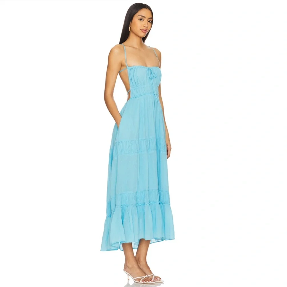 NEW FREE PEOPLE Turquoise AQUA Taking Sides TIERED Cotton OPEN BACK Maxi DRESS L - Picture 15 of 16